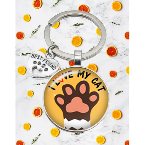 Best Friend I Love My Cat Paw Print Cabochon Dome Keychain Keyring Key Chain - Picture 5 of 5